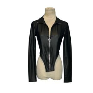 HoneyBum black vegan leather long sleeves zipper moto top size M